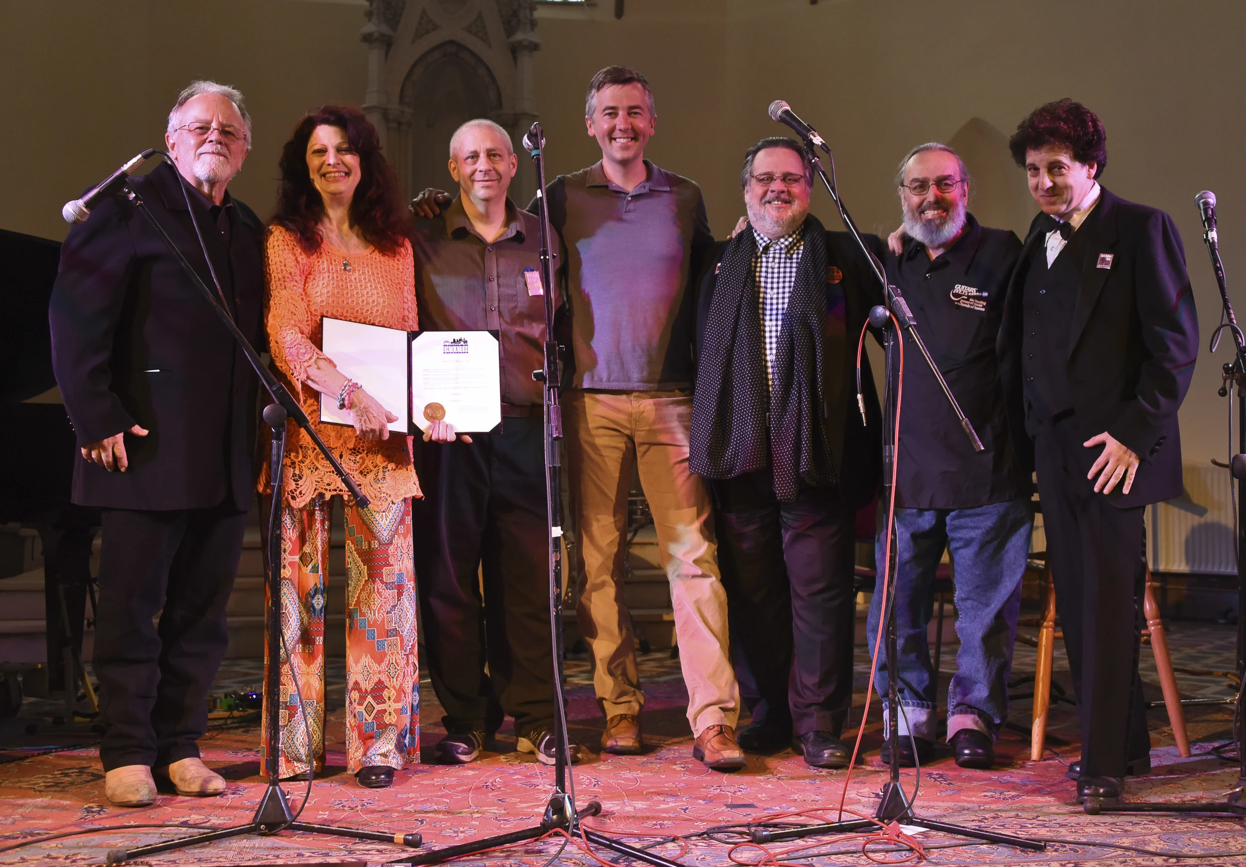 Gene LaFond, Scarlet Rivera, John Bushey, Mayor Don Ness, Nelson T. French, Billy Hallquist and Magic Marc / Sacred Heart Music Center / Duluth, Minnesota / May 23rd, 2015 / Photo by Michael K. Anderson