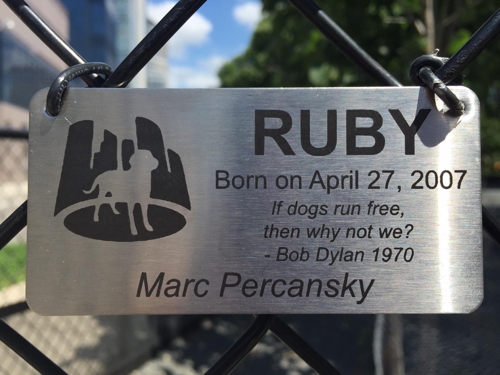 RUBY'S Dog Silhouette Stainless Steel Plaque / Gateway Dog Park / Minneapolis, Minnesota / July 22nd, 2015