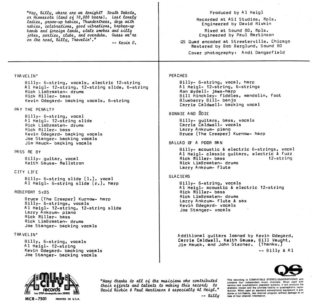  Billy Hallquist -&nbsp; Travelin' &nbsp;- Vinyl Liner Notes (1976) With Credits 