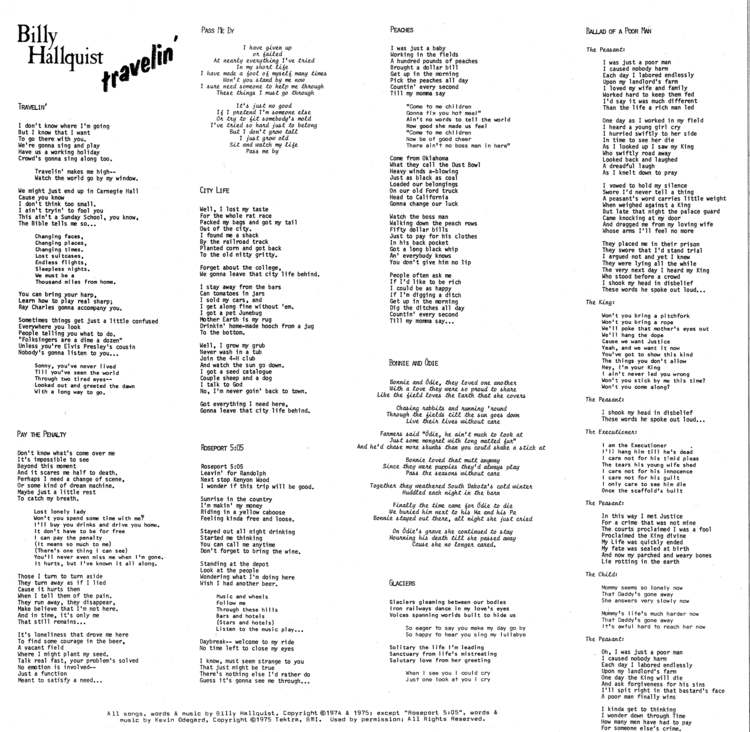 Billy Hallquist - Travelin' - Vinyl Liner Notes (1976) With Lyrics