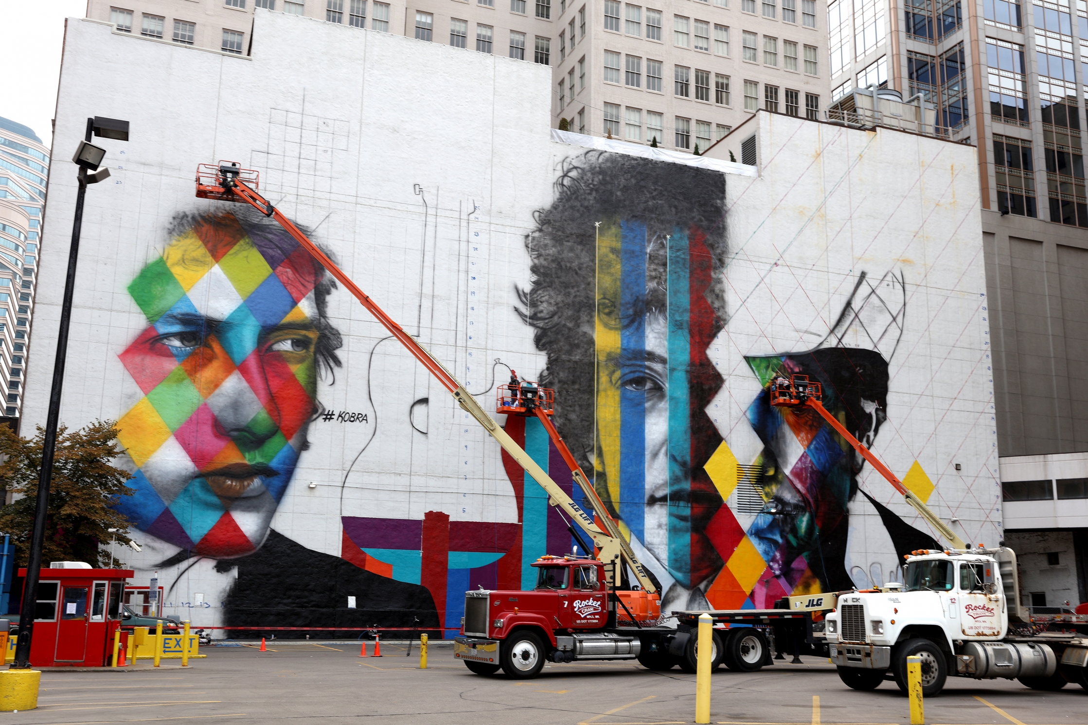  The blank white wall facing the corner of 5th and Hennipen Ave shot Saturday August 29, 2015. The 'canvas' for a mural by Brazillian artist Kobra- with multiple images of Bob Dylan. 