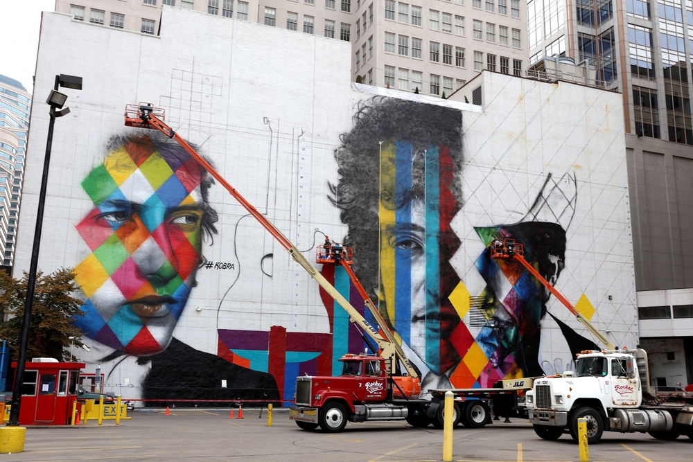  The blank white wall facing the corner of 5th and Hennipen Ave shot Saturday August 29, 2015. The 'canvas' for a mural by Brazillian artist Kobra- with multiple images of Bob Dylan. 