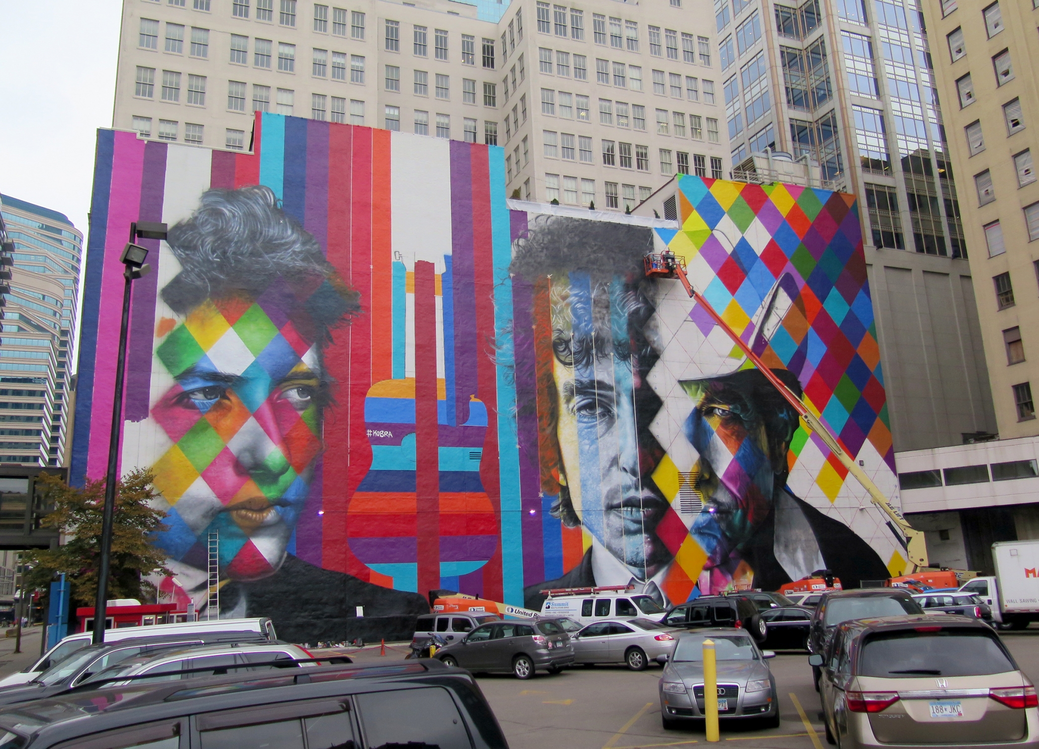  The blank white wall facing the corner of 5th and Hennipen Av has become the 'canvas' for a mural by Brazillian artist Kobra- with multiple images of Bob Dylan. Photo taken Wednesday 09/02. 