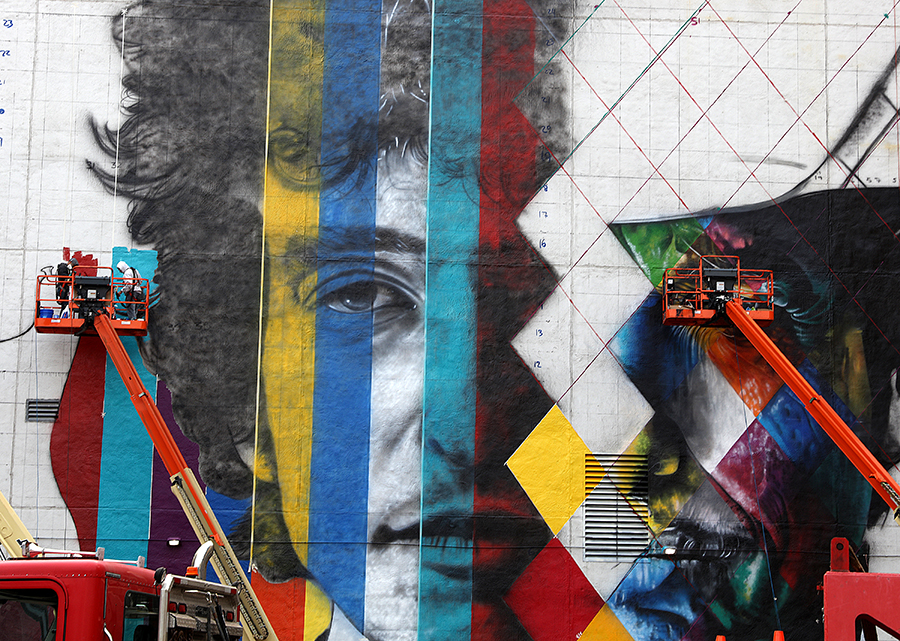  The blank white wall facing the corner of 5th and Hennepin Ave shot Saturday August 29, 2015. The 'canvas' for a mural by Brazillian artist Kobra- with multiple images of Bob Dylan. 