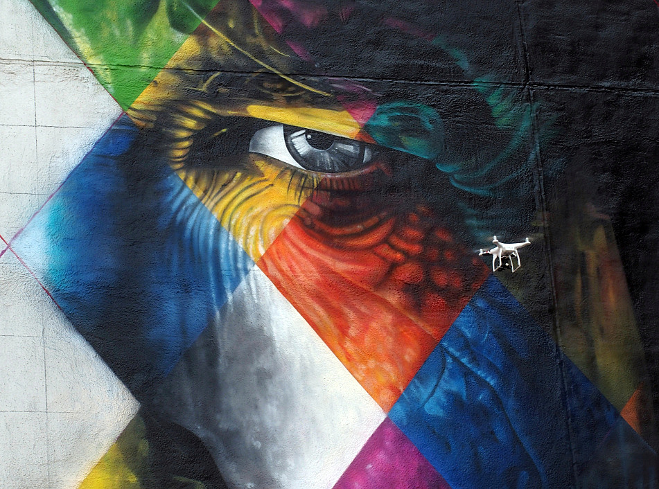 A photo crew was documenting the Dylan mural painting using time lapse photography and a low-flying drone in Minneapolis on August 30, 2015.