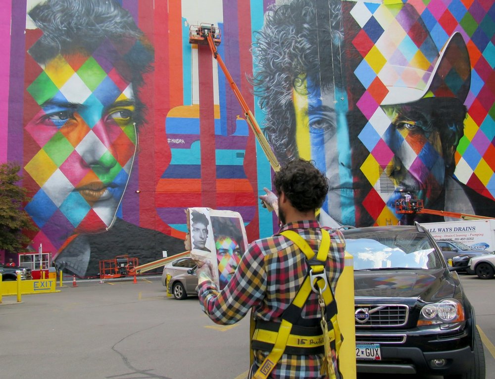  The Bob Dylan mural nears completion, Friday, Sept. 04, as one of the artists steps back to check his work.&nbsp; 