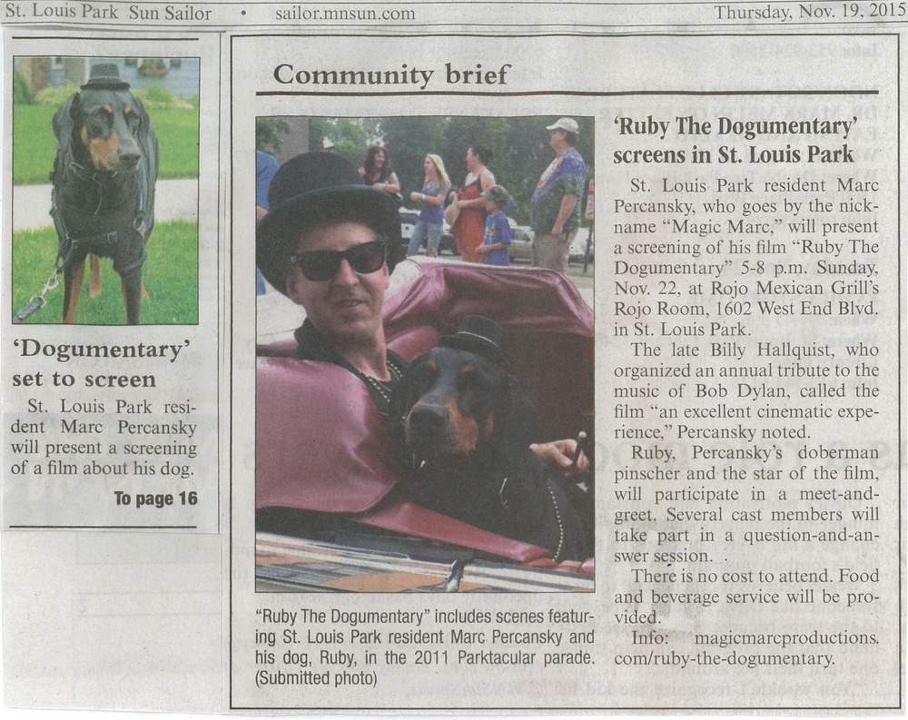  'Ruby The Dogumentary' screens in St. Louis Park / &nbsp;Sun Sailor &nbsp;/ Thursday, Nov. 19, 2015 / Pages 1 &amp; 16  