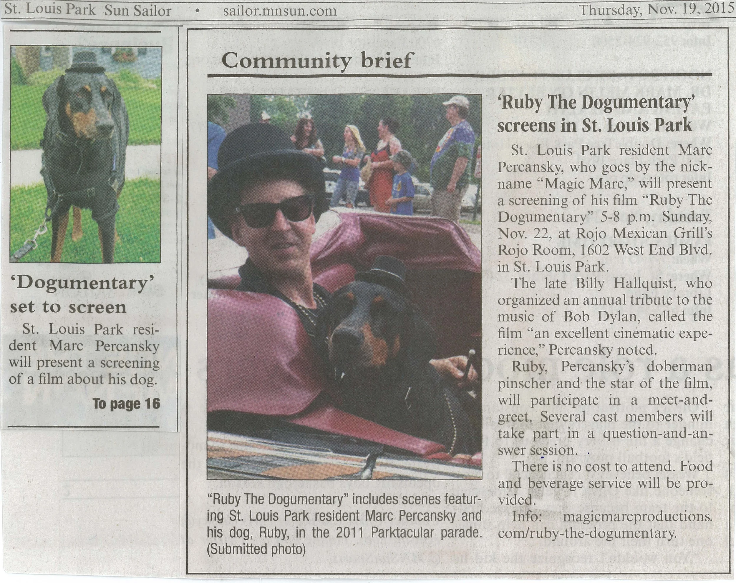 'Ruby The Dogumentary' screens in St. Louis Park / Sun Sailor / Thursday, Nov. 19, 2015 / Pages 1 & 16