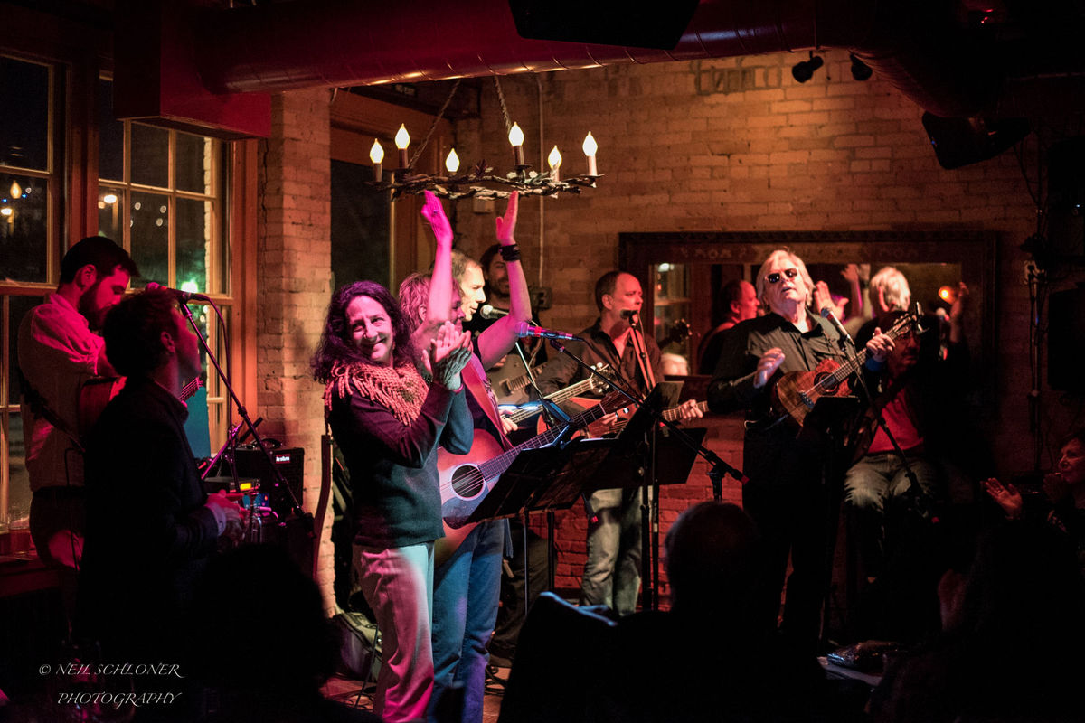 Former St. Louis Park resident Kevin Odegard, at right wearing sunglasses, leads a band in playing tunes from the 20th century earlier this month at the Aster Cafe in Minneapolis. Odegard presented his new "Better Angels" album at the Dec. 5 show. (Submitted photo courtesy of Neil Schloner)