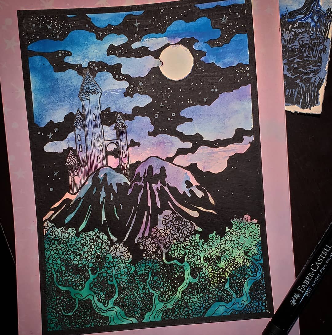 #art #artistsoninstagram #watercolour #watercolor #ink #inkdrawing #fantasyart #fairytale #whimsical #castle #fullmoon