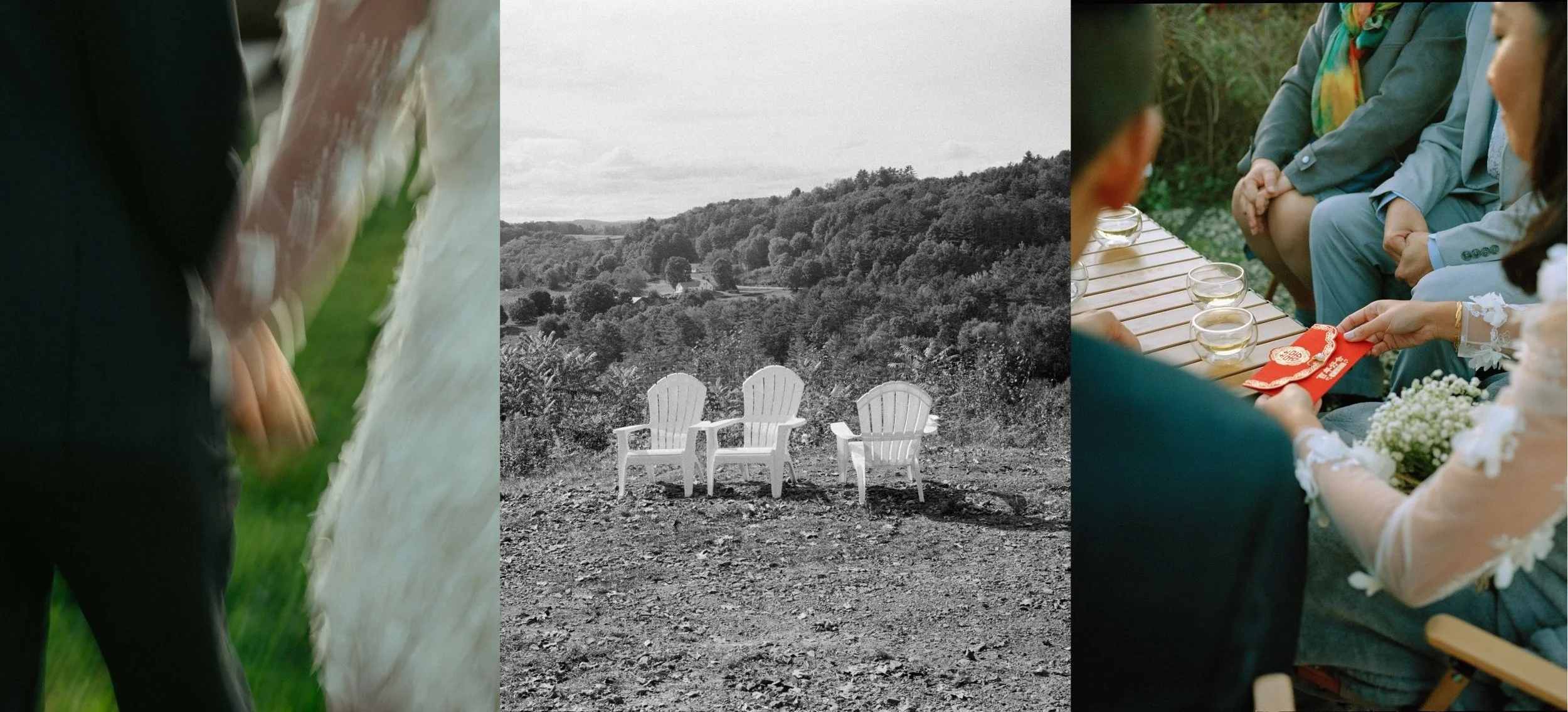 A couple holding hands outdoors, empty ceremony chairs overlooking a hillside, and guests seated together during a small Northern California wedding.
