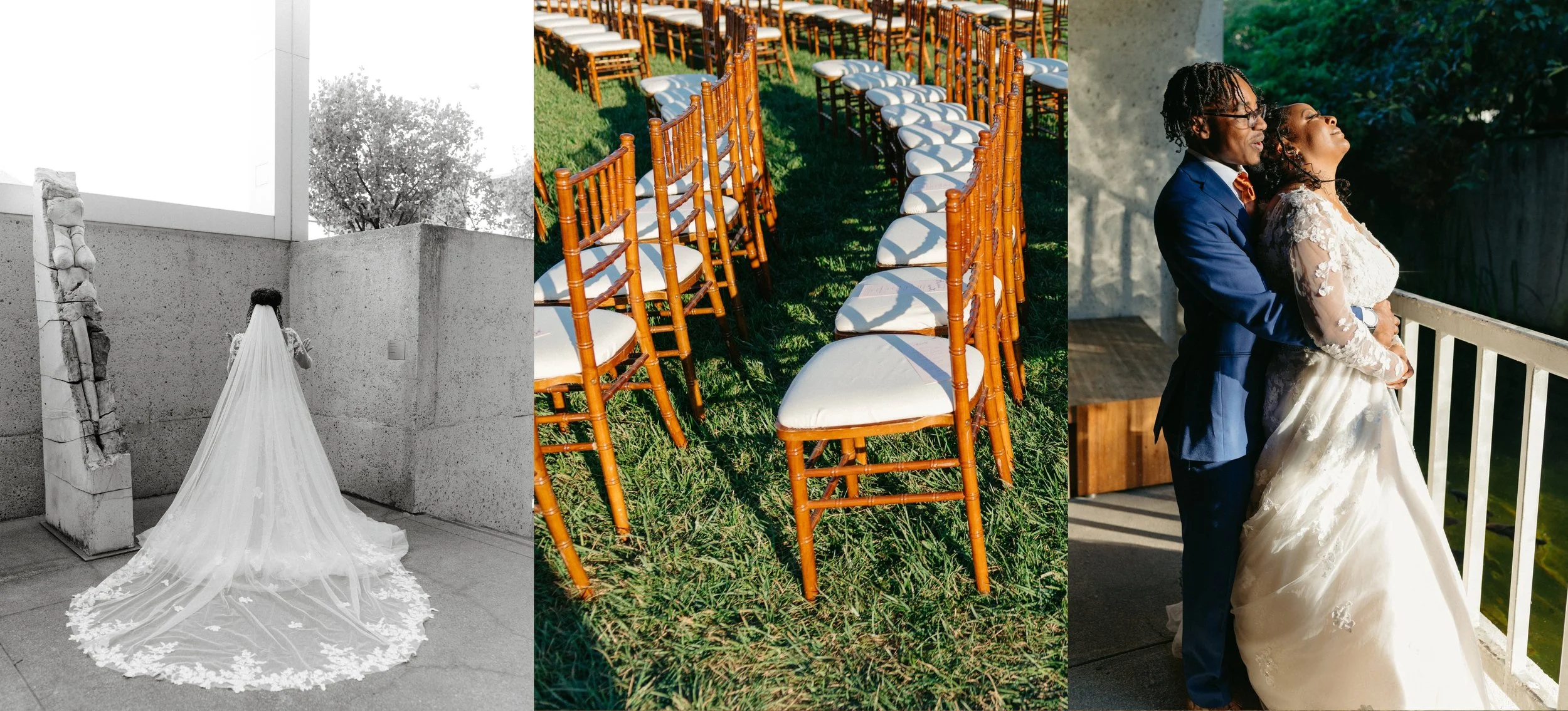 A beautiful wedding gown, ceremony chairs, and a first look moment photographed by Amira Maxwell