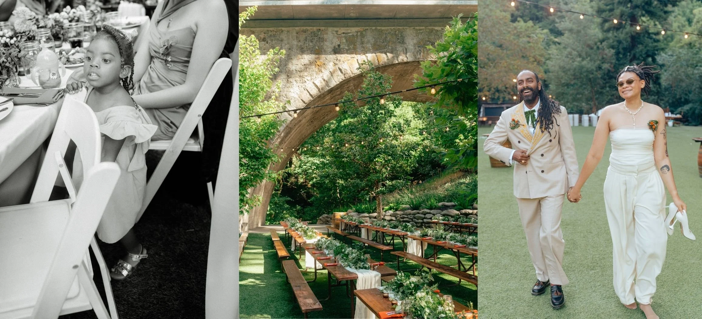 A child photographed candidly, a banquet-style reception, and a black queer couple entering the reception.