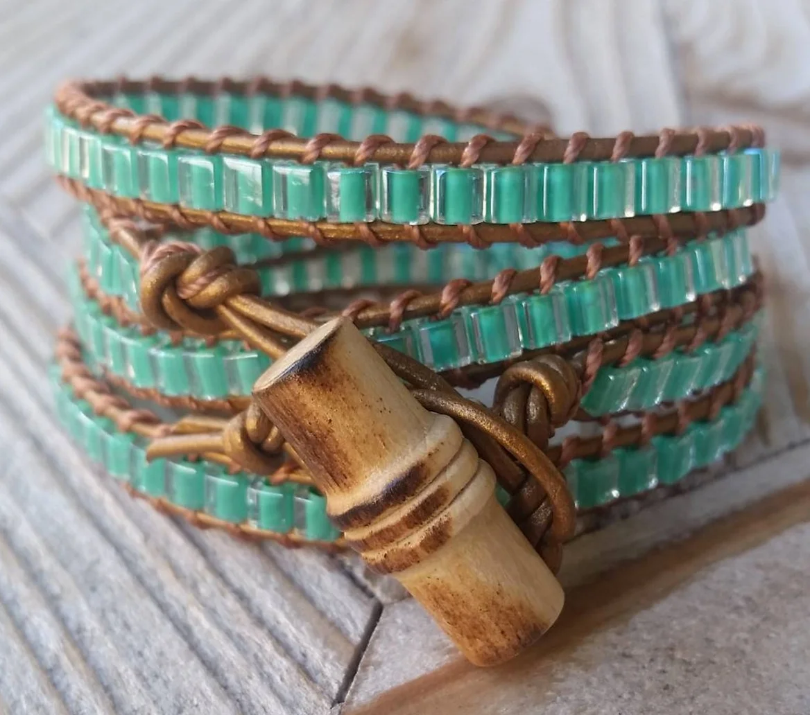 Bronze Wrap w:Green Square Beads.jpg