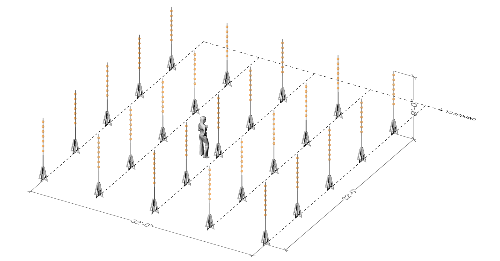 The 5x5 light grid can be evenly spaced (as pictured above) or arranged in a more random fashion (see Image 2 below).