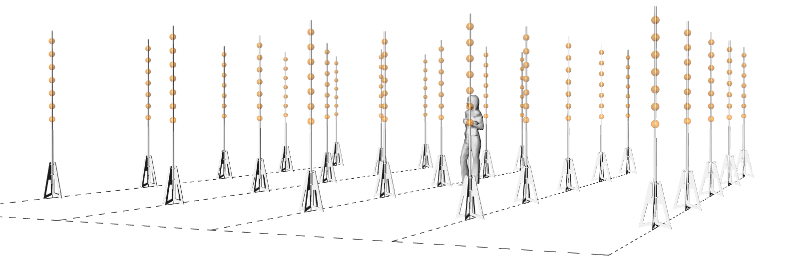 Image 03. Each ball in this diagram represents 5 uniquely addressable RGD LED lights. These can be controlled on/off or dimmed to create a range of static and dynamic "luminous forms". Specific points, lines, planes and volumes can be defined within this 3d field.