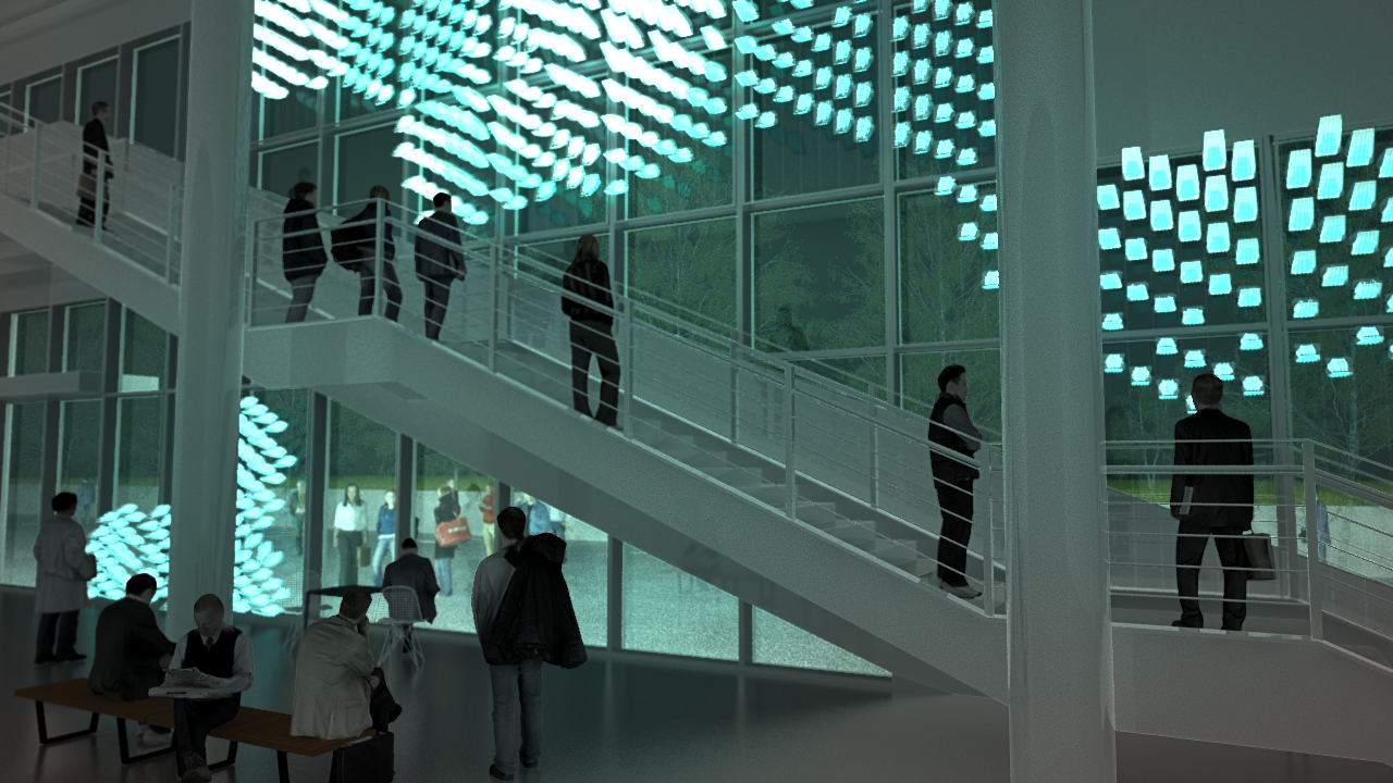 Interior perspective of LIGHTSWARM in the Grand Lobby of the YBCA, San Francisco