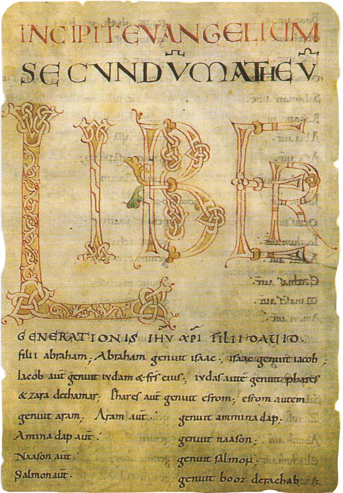 The opening of the Gospel of Matthew in the Liesborn Gospels . Germany, 10th century A.D.