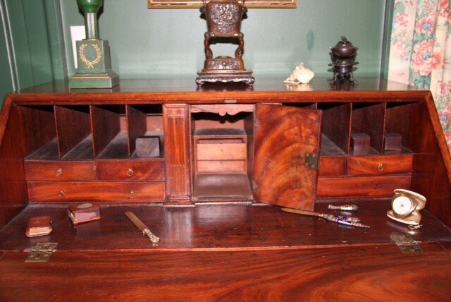 Detail of interior of slant top desk