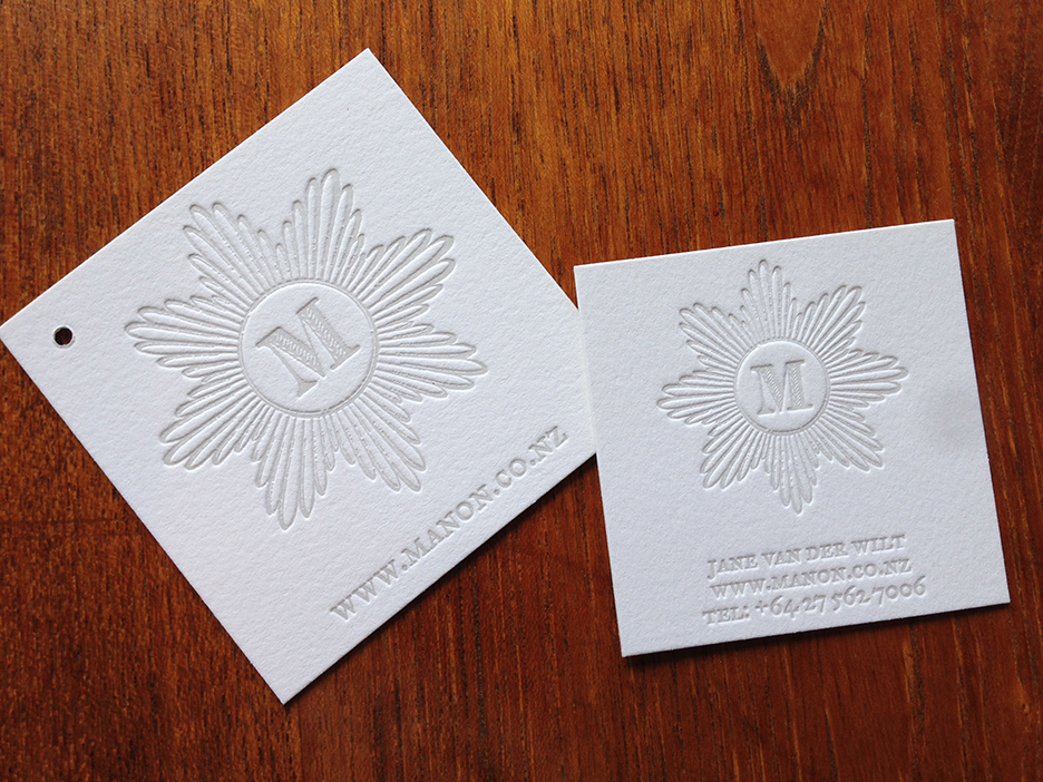 letterpress printed tag and business card