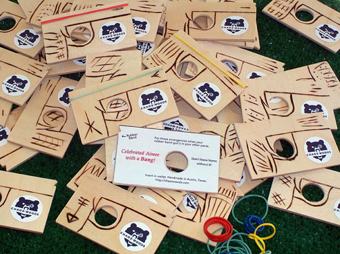 Order for 50 emergency wallet rubber band gun party favors. Custom printed with "Celebrated Aimee with a Bang!"