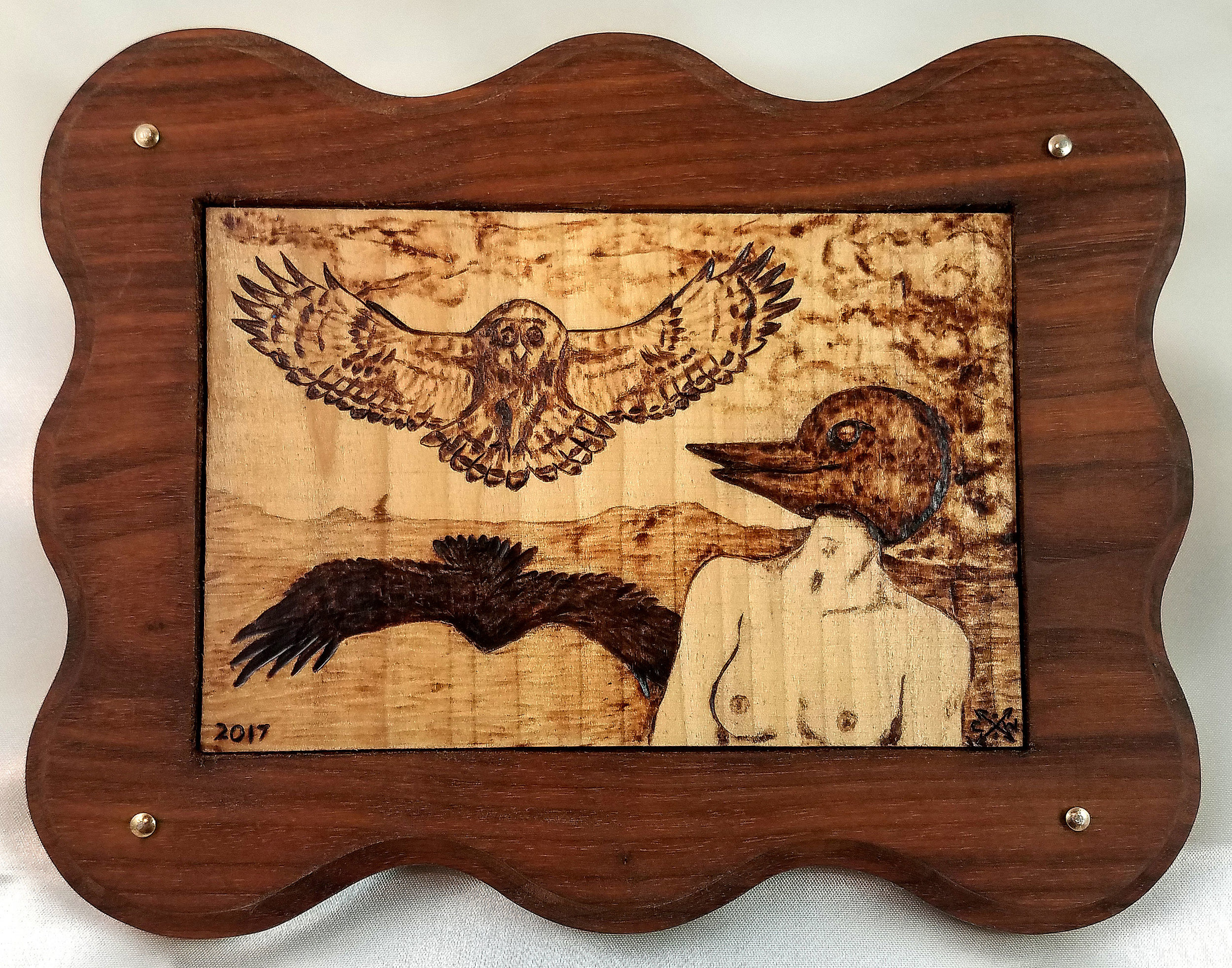 Terry handmade the perfect Walnut wood frame with brass nails for this pyrography wood burning.