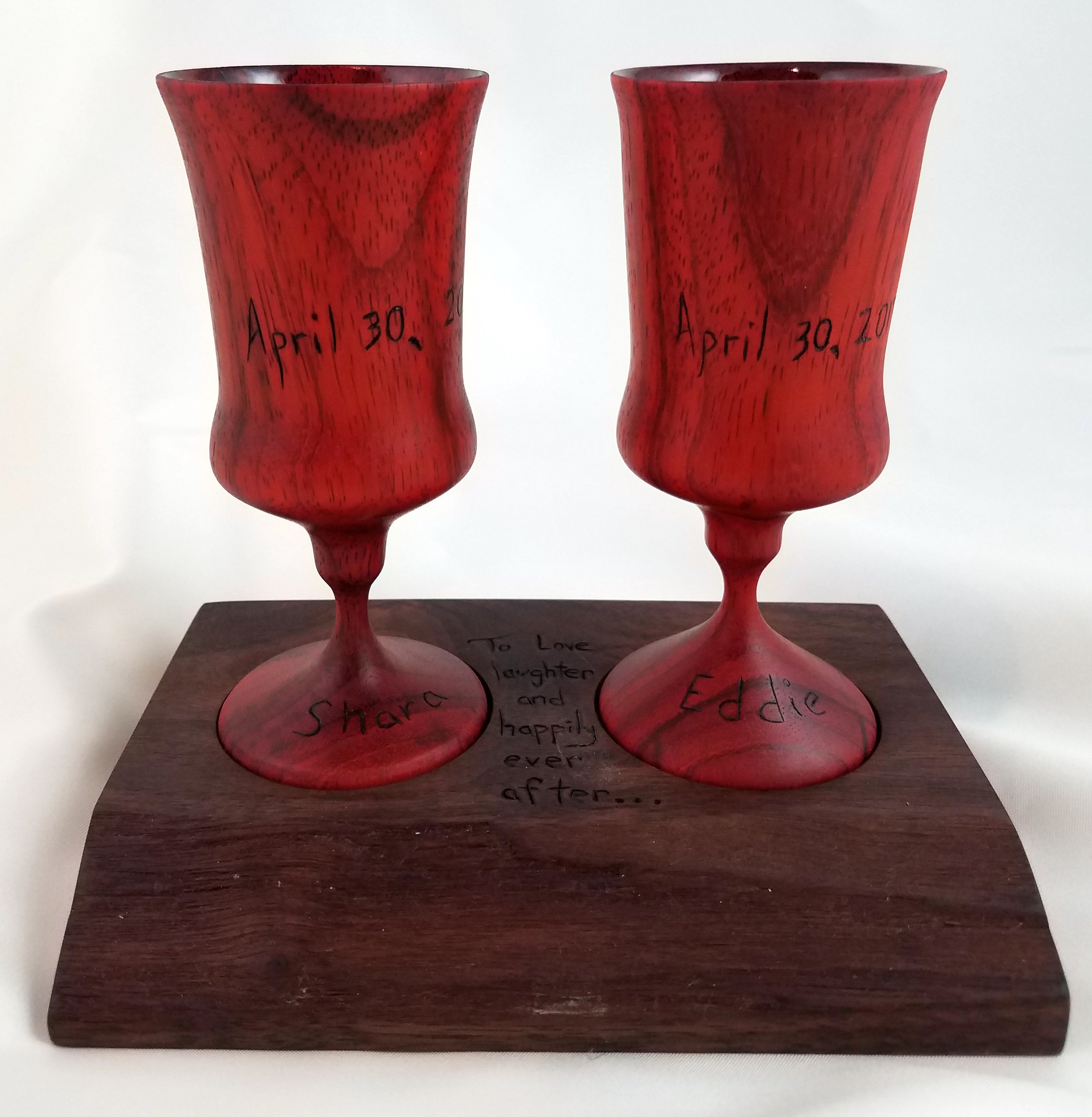 Padauk cordial glasses on Walnut base with wood burnt inscription.