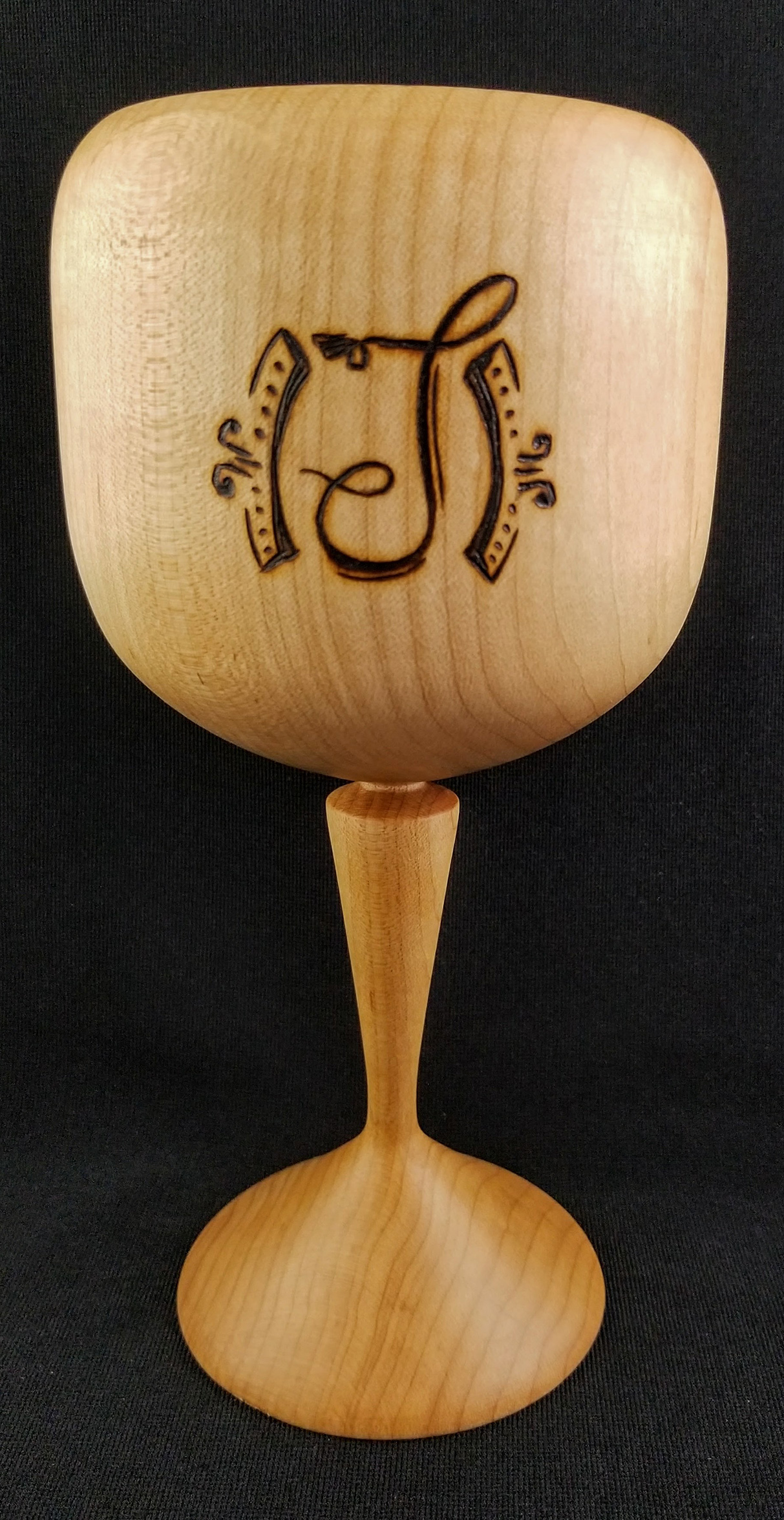 Hard Maple wine goblet with the letter J in decorative monogram inscribed.