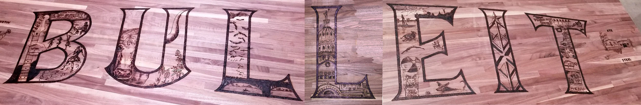Proud to have illustrated some of our favorite aspects of this great city, pyrographic drawing live, during the event, on this 8 foot table top. The table will tour with the party and end up on display at the Kentucky distillery.