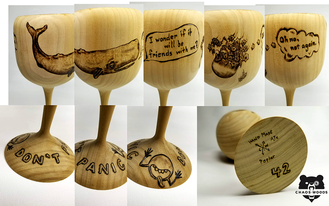 Douglas Adams Hitchhiker’s to the Galaxy homage wood burnt goblet.