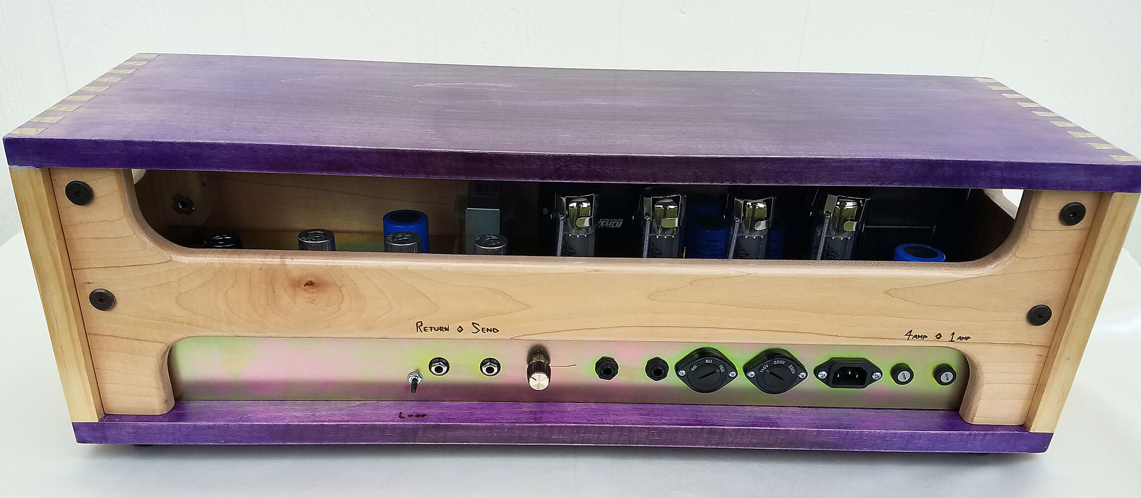 A local Austin musician and electrician built this guitar amplifier head and commissioned Chaos Woods to make a very unique one-of-a-kind box to carry it in.