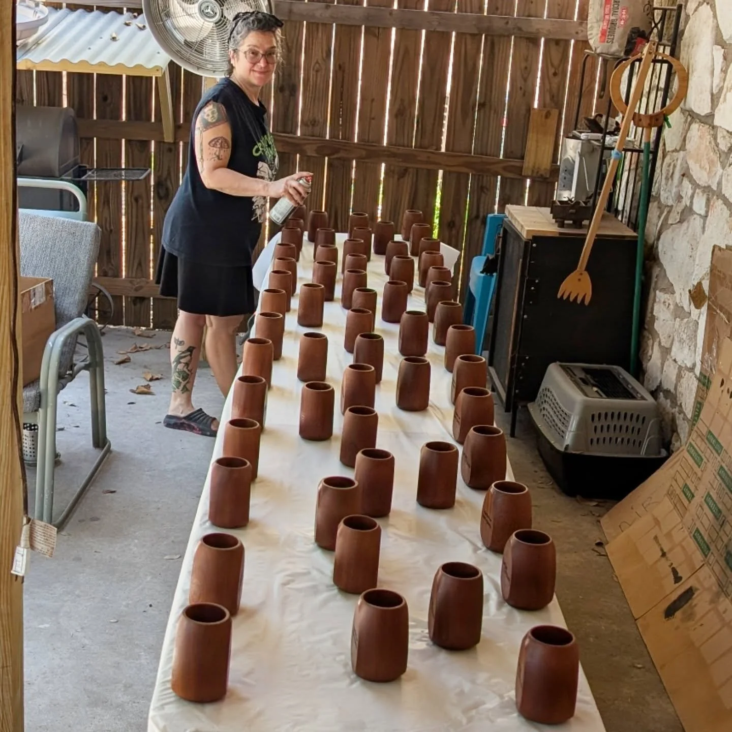 Sarah's working hard spraying the last of the 120 pencil holders  Been a long journey and happy to see them finished.

#woodturning #pencilholder #handmade #woodart