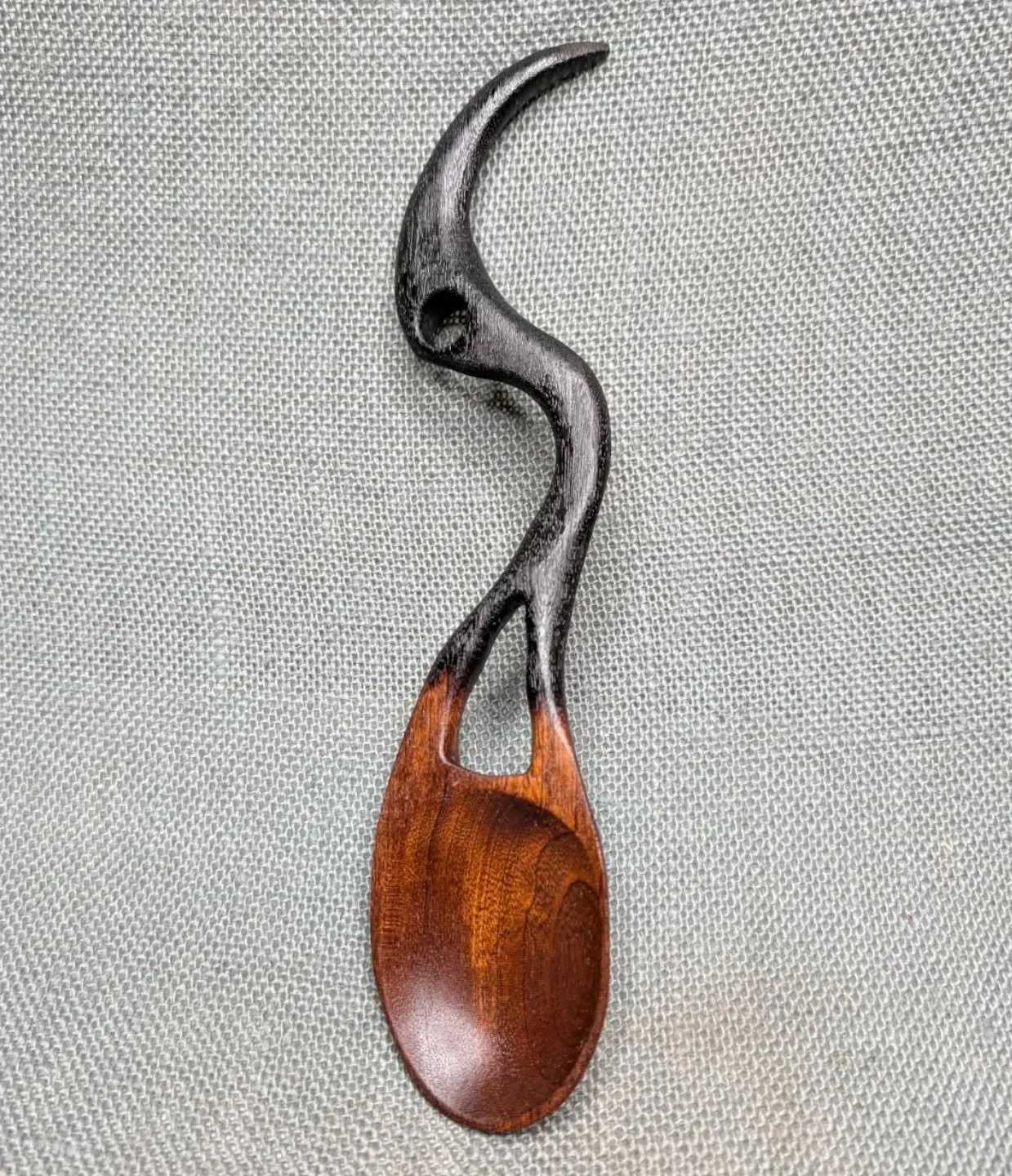 Carved a Mahogany soup spoon and did a shō sugi ban finish on the handle. Shou Sugi Ban or  Yakisugi is a traditional Japanese wood-preservation technique that involves charring the surface of wood to enhance its durability but we do it mostly becaus