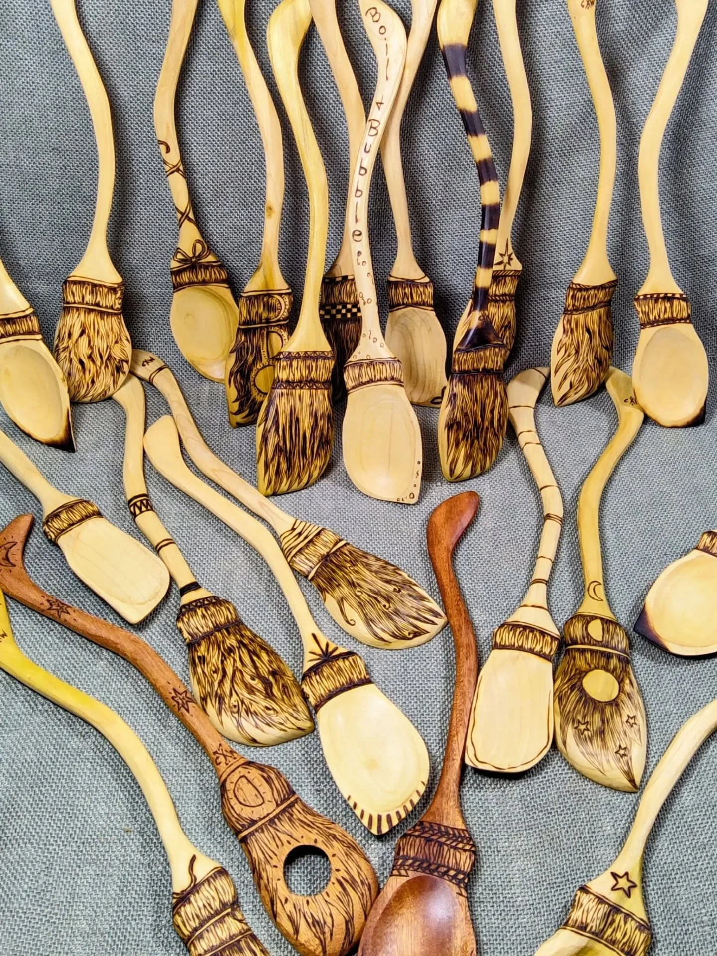 How do we spend our time? Terry carves these cute broom shaped spoons and Sarah decorates them with the pyrography pen. Creating witchy functional works of art that we thoroughly enjoy making together! We sell them through the shop links in our bio. 