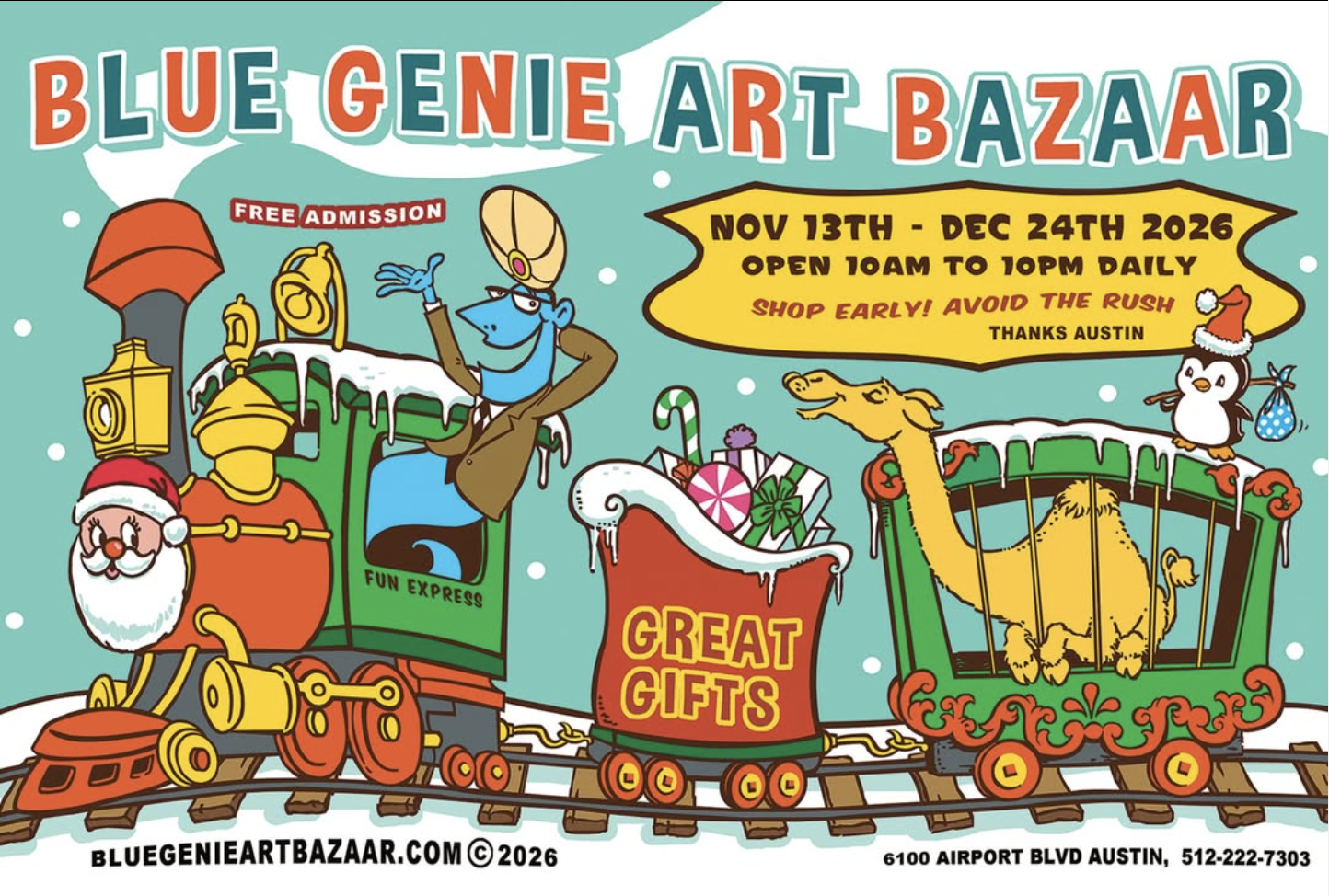 Blue Genie on a Christmas train art drawing promoting the Bazaar