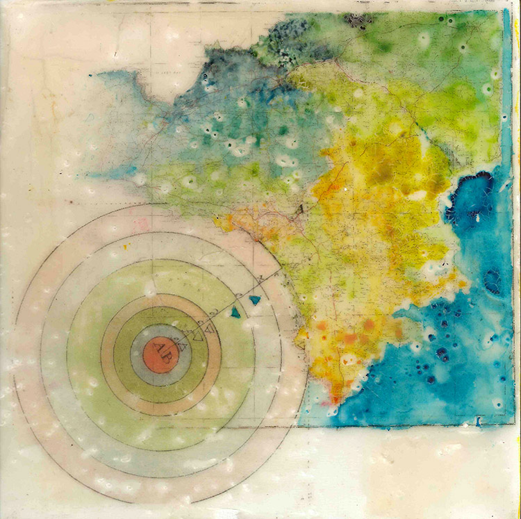Landfall , encaustic & mixed media on panel, 6"x6"