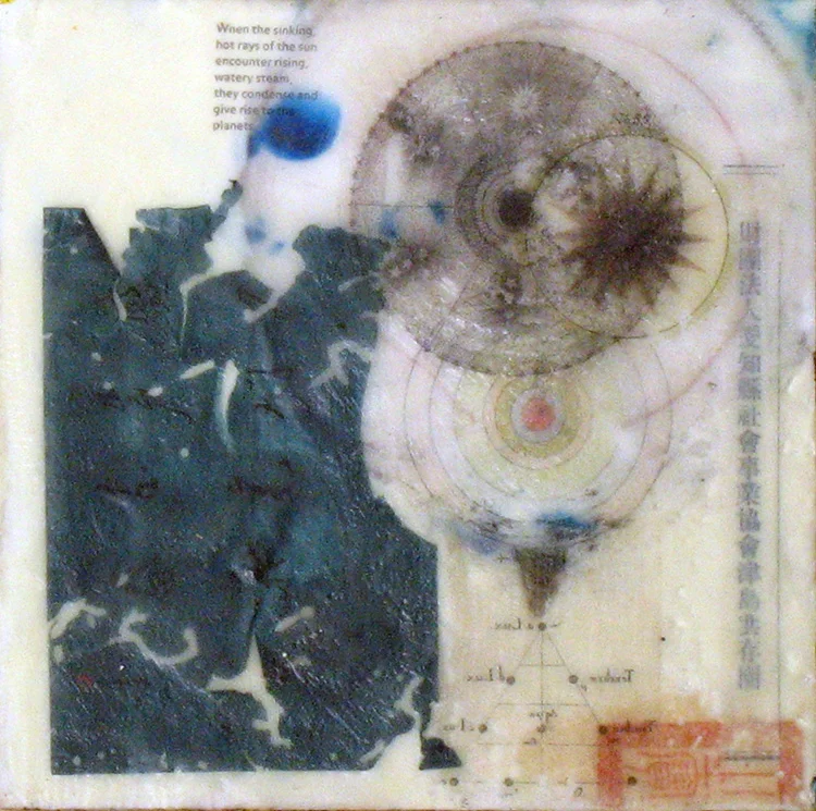 Rise of the Planets , encaustic & mixed media on panel, 6"x6" Sold