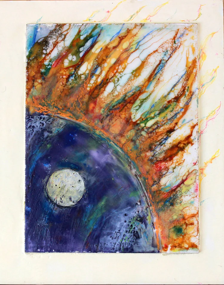Destruction Creation, encaustic & mixed media on panel, 10"x8"