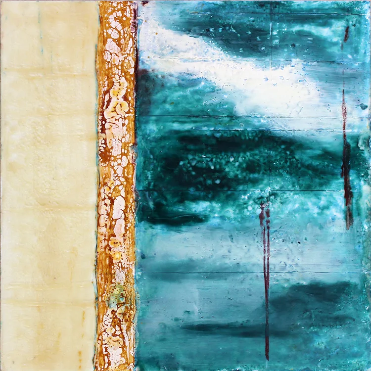 Dreams of the Future, encaustic & mixed media on panel, 16" x 16"