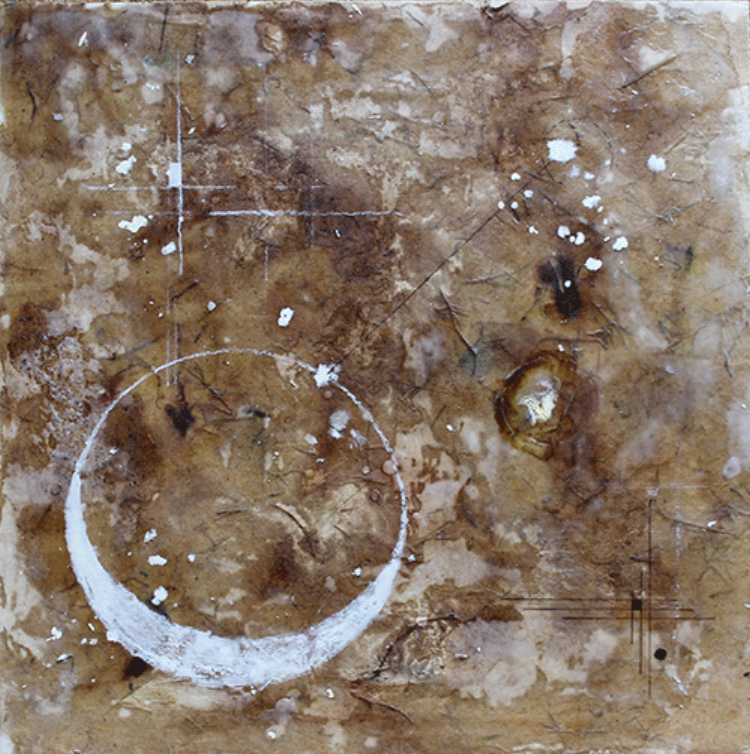 Contemplating Albedo, encaustic & mixed media on panel, 16"x16" 