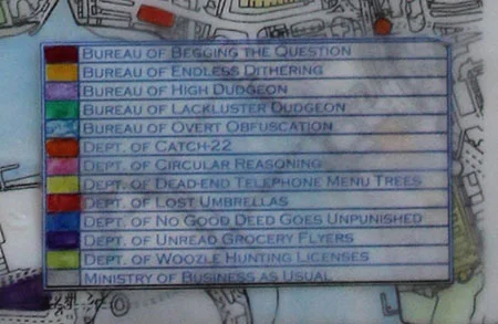 DETAIL: A Map of Perfectly Ordinary Departments and Bureaus , encaustic, paper, ink, watercolor on panel, 12" x 16"