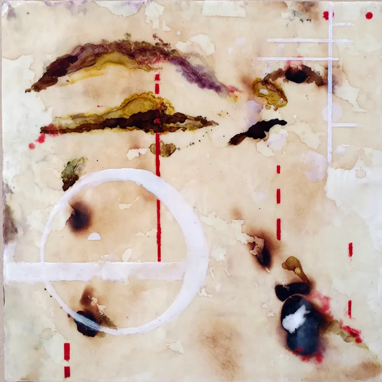 Waning Moon, encaustic & mixed media on panel, 16” x 16”