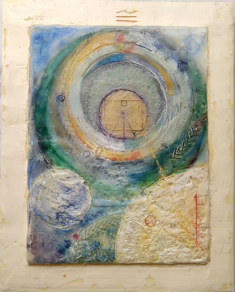 Congruence of the Spheres, encaustic & mixed media on panel, 10"x8" Sold