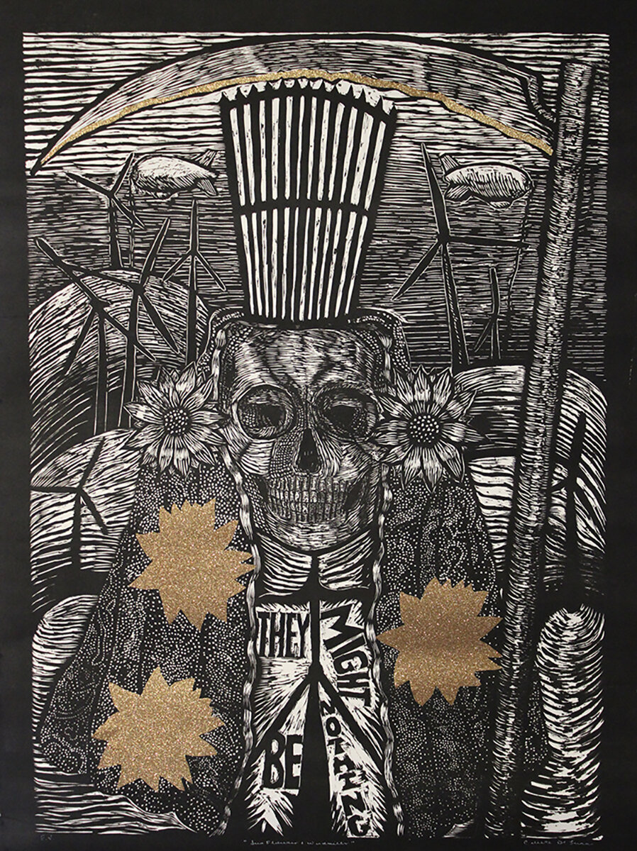 Sunflowers & Windmills, woodcut and vinyl on paper, 36 x48,  2019