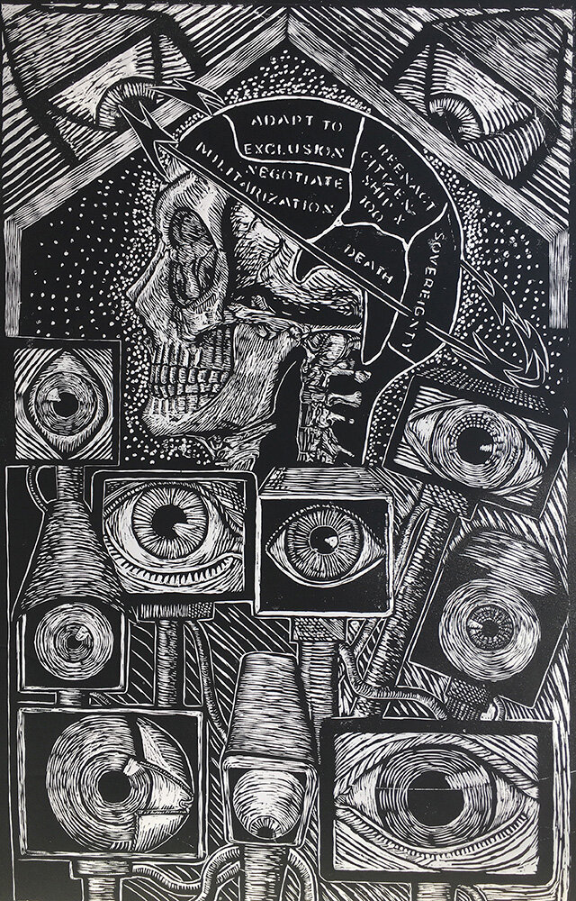 Necrocitizen, Woodcut on Paper, 36 x48” original steamroller print and artist’s proofs created in 2017