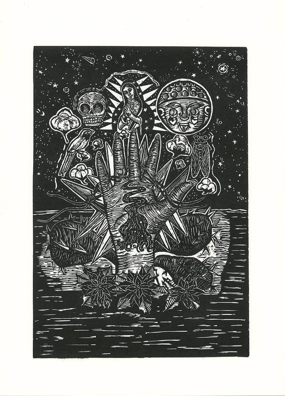 Healing Borderland Hand, linocut, 15 x 20” 2023