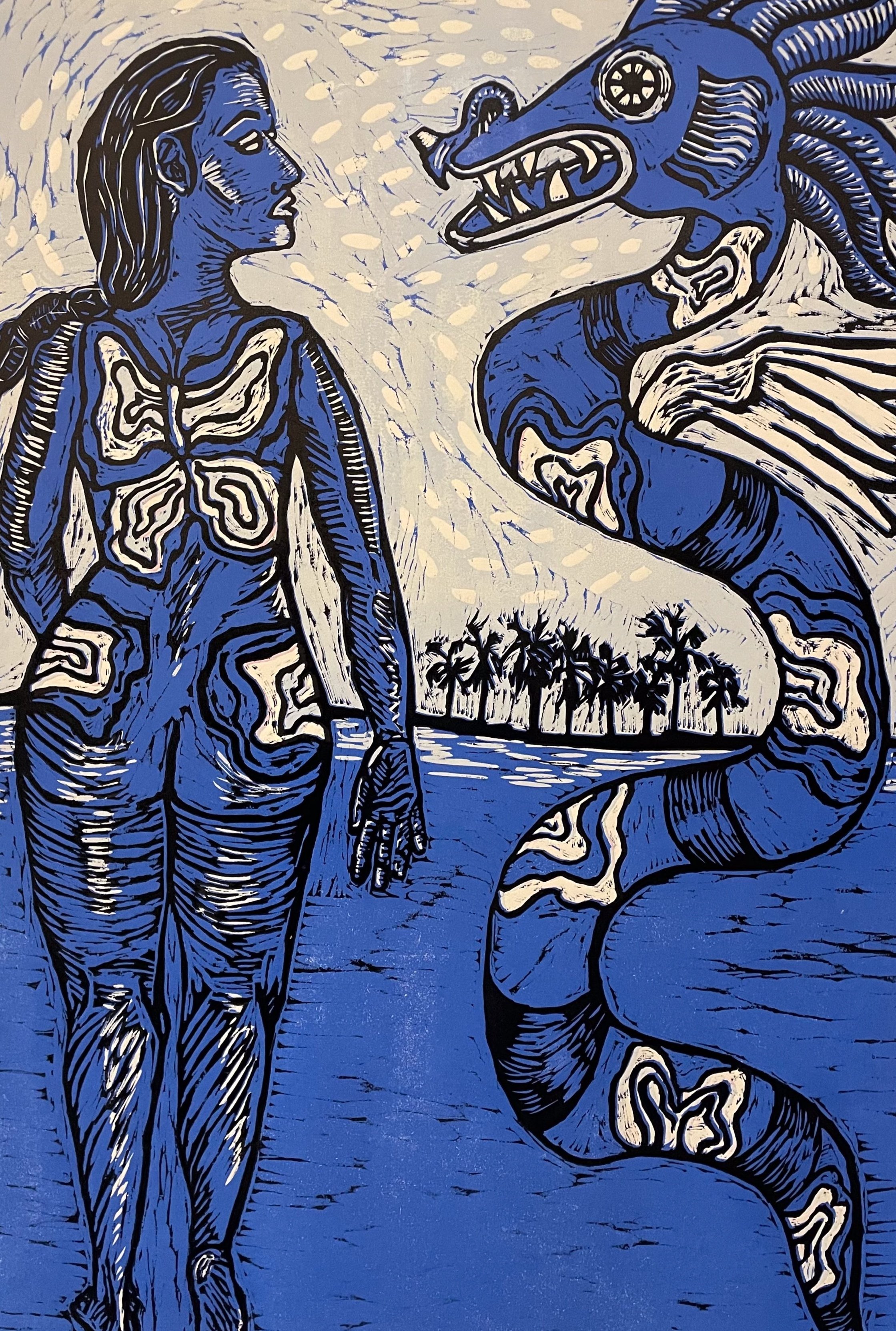 Culebra Azul, 24 x 36, Color Reduction woodcut, 2023