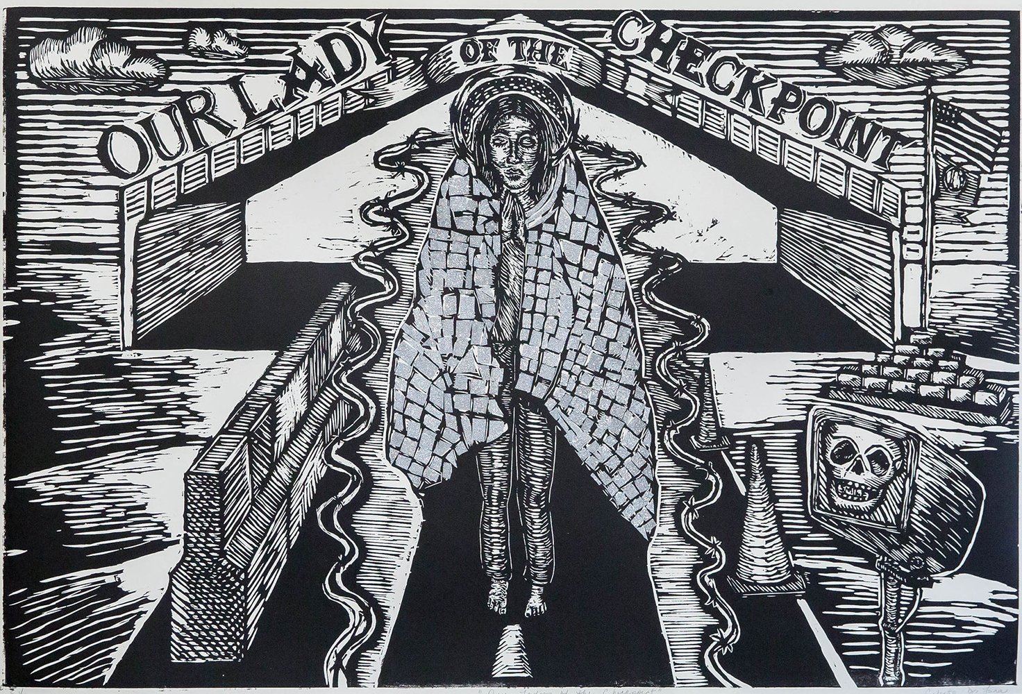 Our Lady of the Checkpoint, woodcut and vinyl on archival paper, 36 x 48” 2020