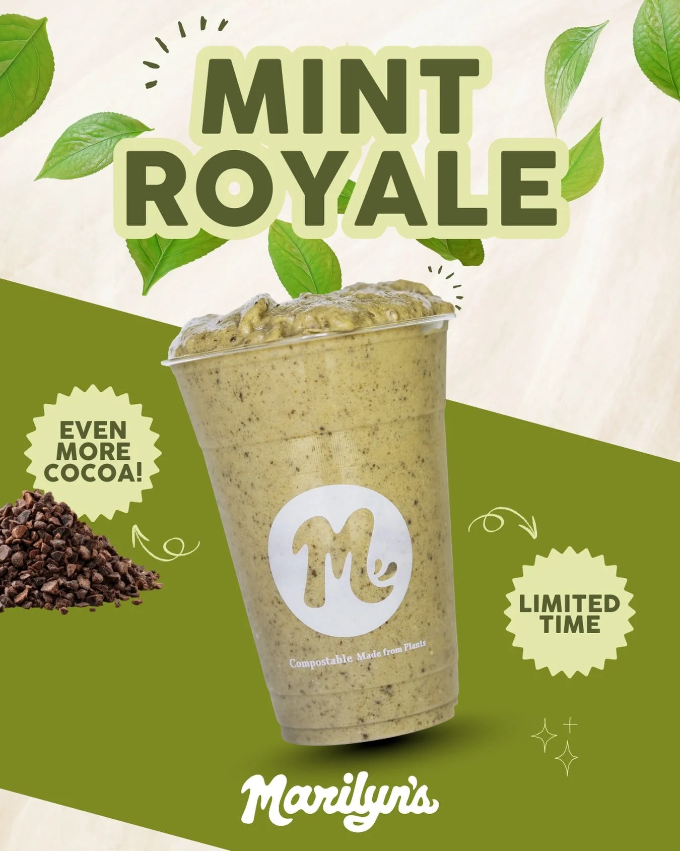 ✨Mint Royale is baaaack✨ And better than ever!

MORE cocoa, MORE mint, banana, cashew, avocado, spinach, maple syrup, and almond milk. All organic and always blended made-to-order 🧑&zwj;🍳 

For a limited time only! Available starting this weekend a