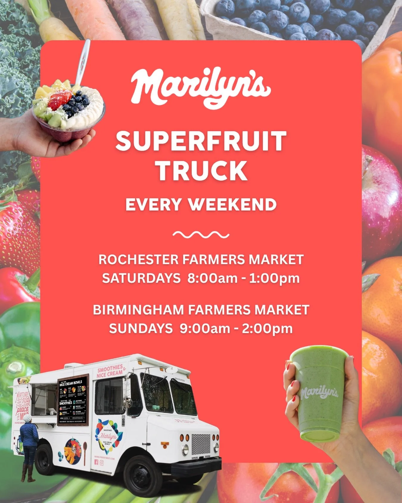 BIRMINGHAM &amp; ROCHESTER ✨ Marilyn&rsquo;s Superfruit Truck is coming back to your farmers markets every weekend STARTING THIS WEEKEND!!

We&rsquo;re rolling in with our organic, made-to-order smoothies and Superfruit Bowls all spring &amp; summer 